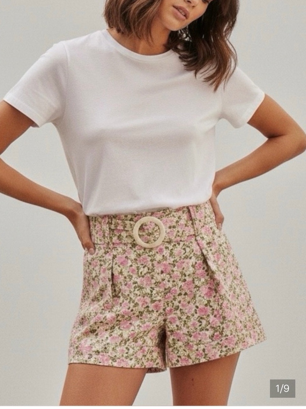 Sezane Floral High-Waist Belted Shorts - Pink Floral